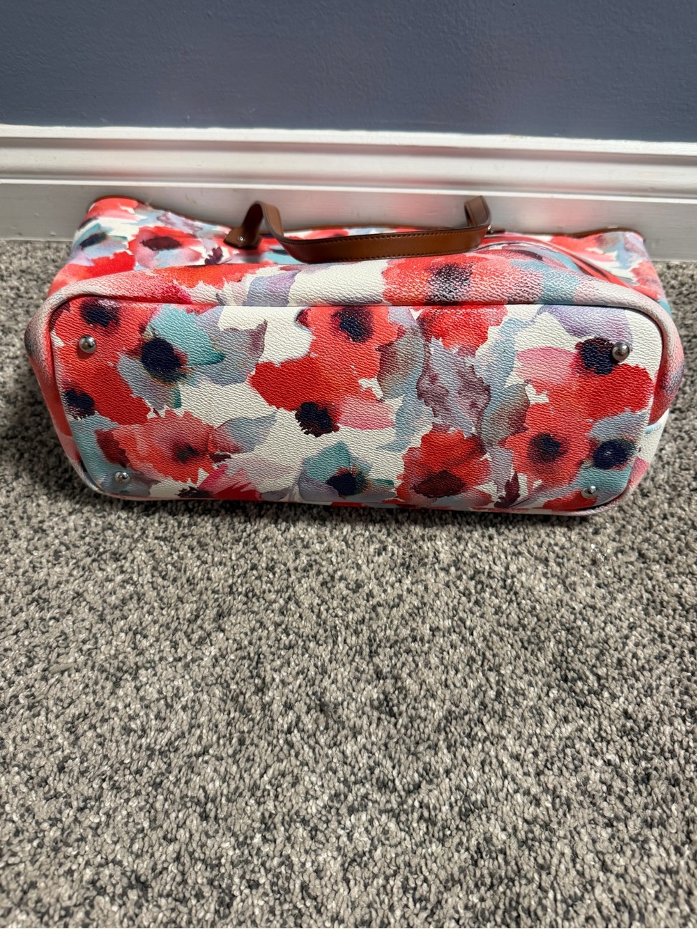 Lauren Ralph Lauren Floral Canvas Tote in Red, Coral & Blue with Brown Trim - Picture 5 of 12